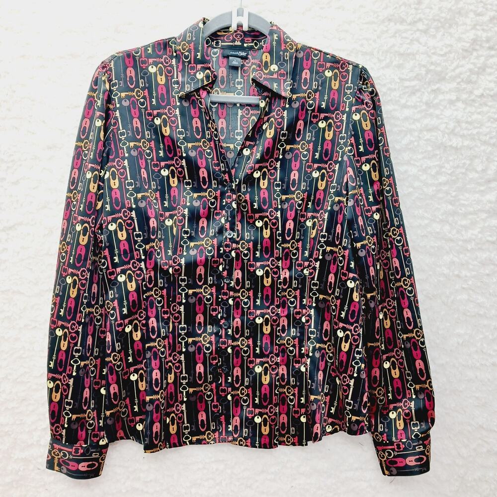 Blouse Lock Key Real Estate Agent Y2K Maximalist Office Siren Black Chic Size L